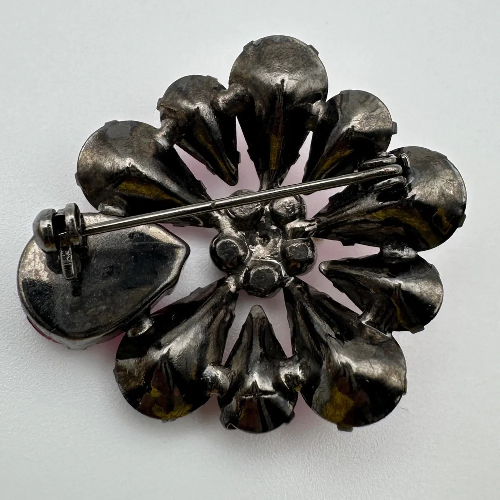 Vintage Pink Rhinestone Flower Brooch Pin Black Tone Metal Costume Jewelry